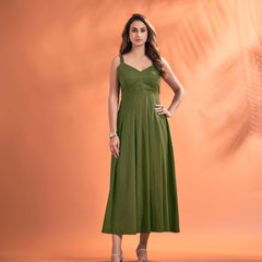 Women’s Solid Strappy Midi Dress – Elegant Fit & Flare Sleeveless Dress