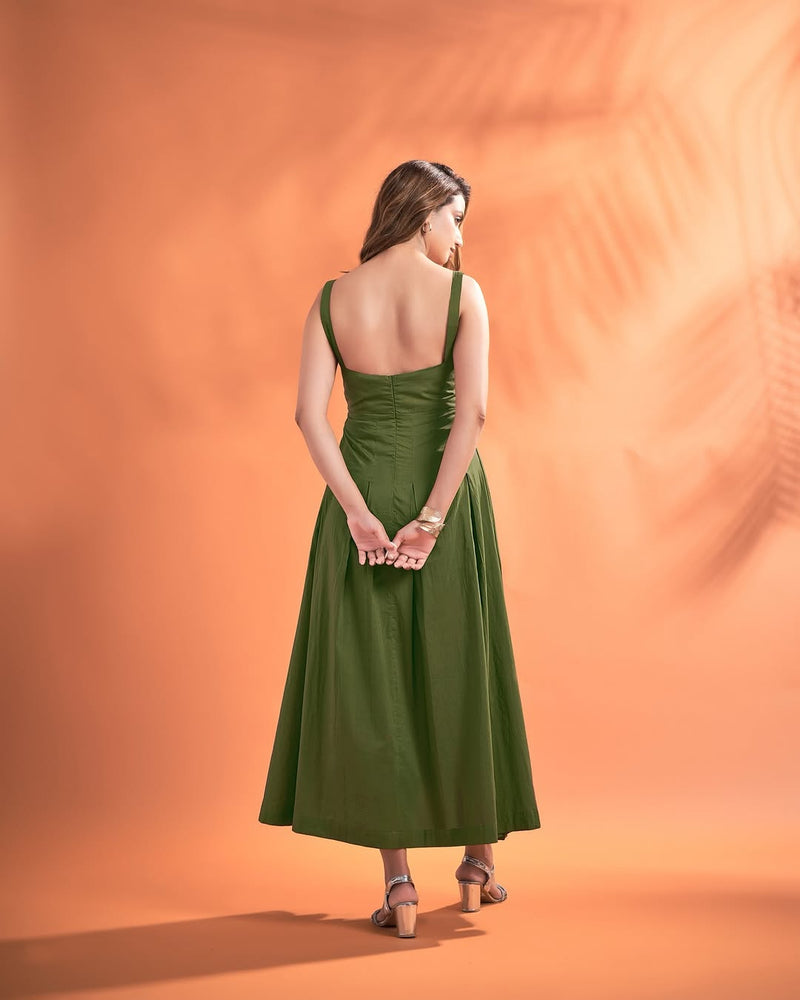 Women’s Solid Strappy Midi Dress – Elegant Fit & Flare Sleeveless Dress