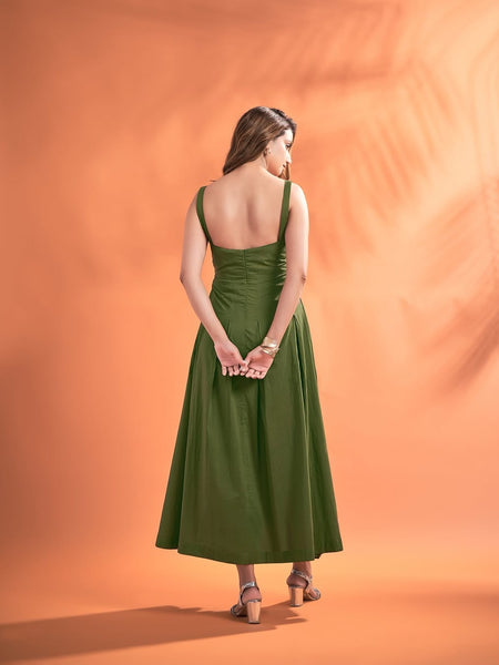 Women’s Solid Strappy Midi Dress – Elegant Fit & Flare Sleeveless Dress