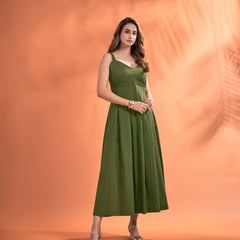 Women’s Solid Strappy Midi Dress – Elegant Fit & Flare Sleeveless Dress