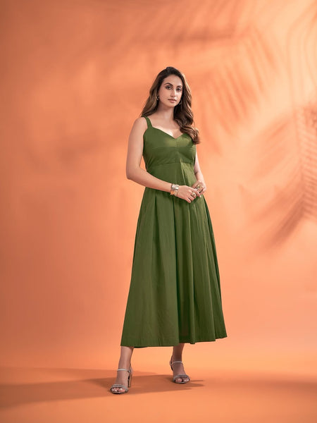 Women’s Solid Strappy Midi Dress – Elegant Fit & Flare Sleeveless Dress