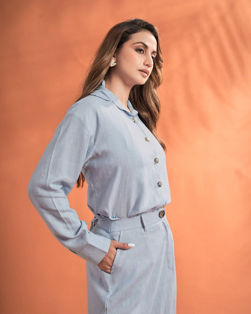 Women’s Solid Shirt & Maxi Skirt Co-Ord Set – Long Sleeve Top with Straight-Fit Skirt