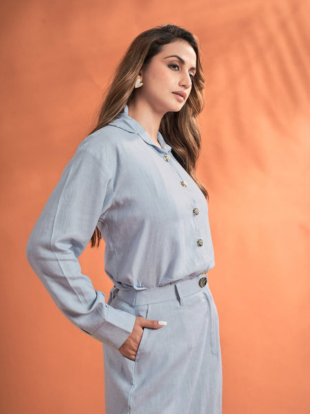 Women’s Solid Shirt & Maxi Skirt Co-Ord Set – Long Sleeve Top with Straight-Fit Skirt