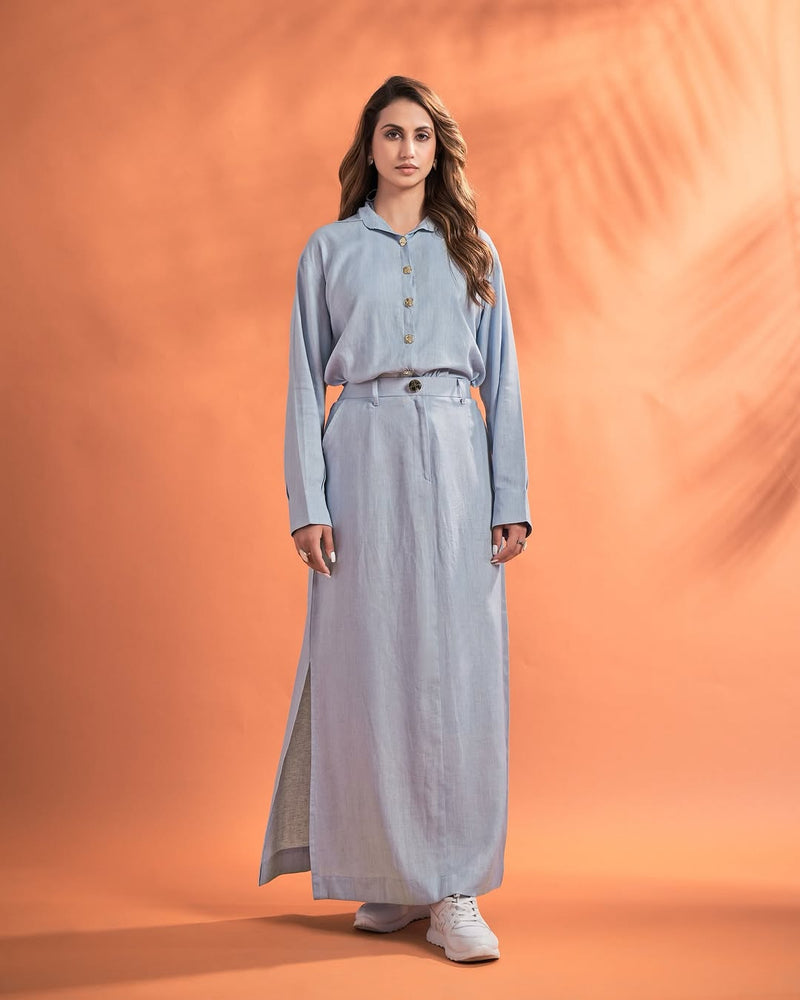 Women’s Solid Shirt & Maxi Skirt Co-Ord Set – Long Sleeve Top with Straight-Fit Skirt