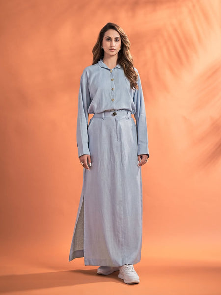 Women’s Solid Shirt & Maxi Skirt Co-Ord Set – Long Sleeve Top with Straight-Fit Skirt