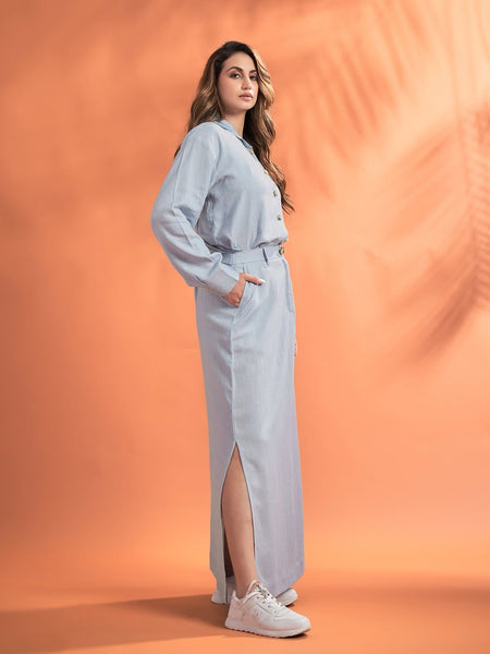 Women’s Solid Shirt & Maxi Skirt Co-Ord Set – Long Sleeve Top with Straight-Fit Skirt