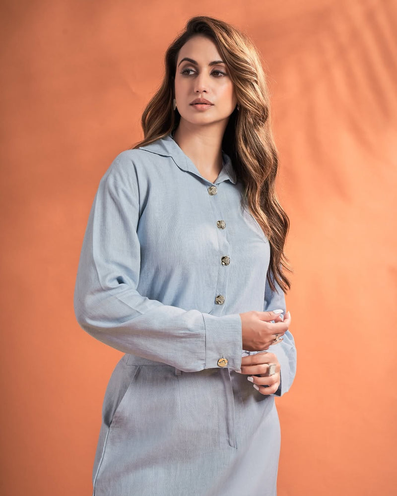 Women’s Solid Shirt & Maxi Skirt Co-Ord Set – Long Sleeve Top with Straight-Fit Skirt