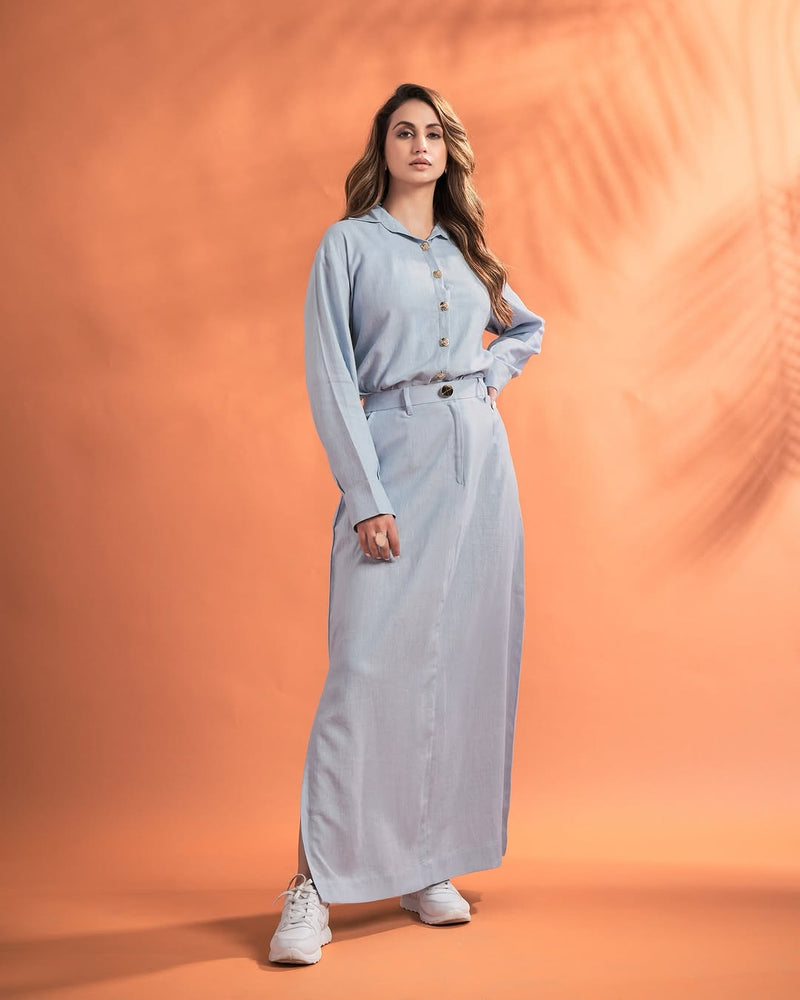 Women’s Solid Shirt & Maxi Skirt Co-Ord Set – Long Sleeve Top with Straight-Fit Skirt