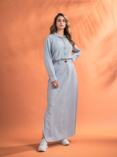 Women’s Solid Shirt & Maxi Skirt Co-Ord Set – Long Sleeve Top with Straight-Fit Skirt
