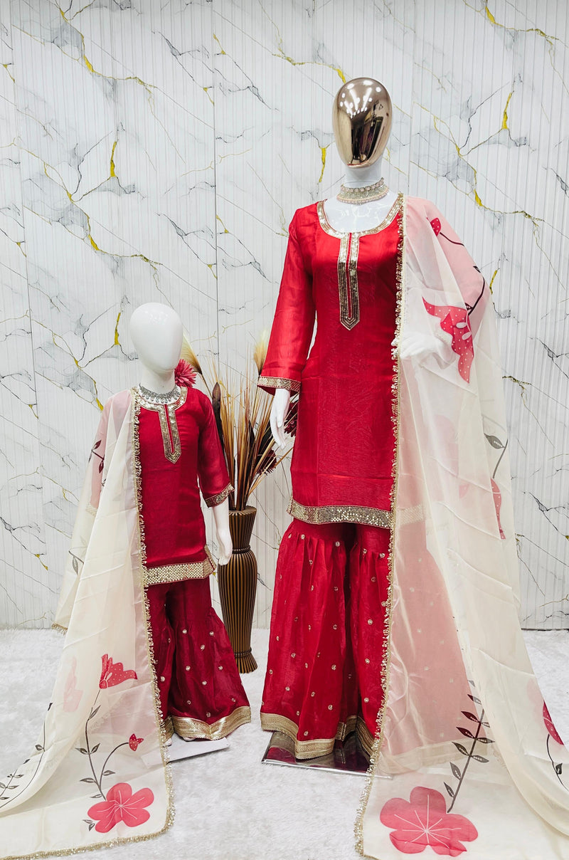 Premium Mom-Daughter Combo Top Sharara And Dupatta Sets