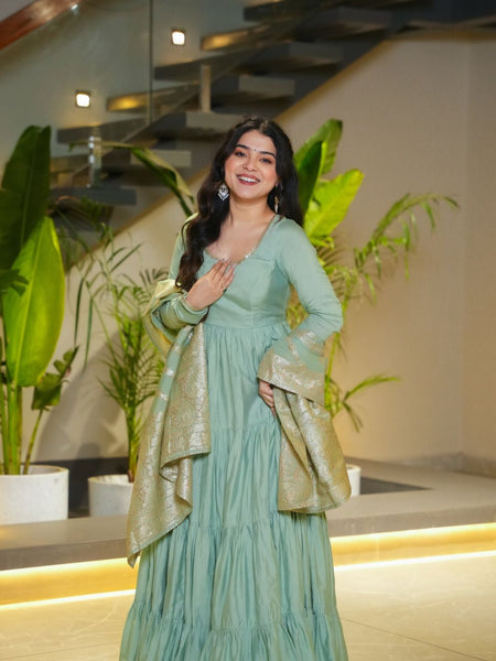 Premium Quality  Roman Silk Gown Anarkali Suit Set