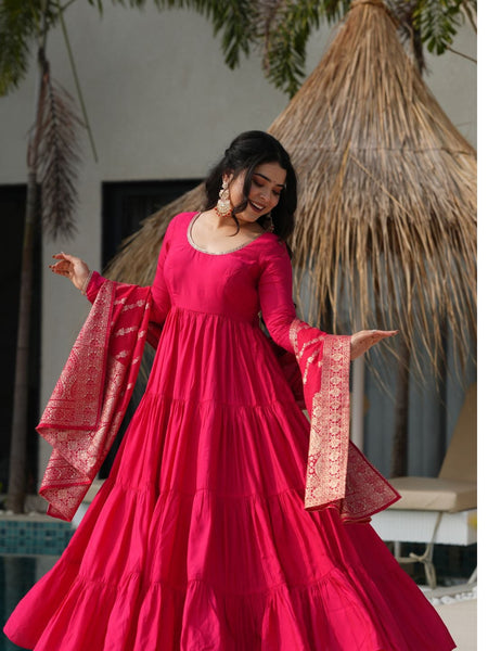 Premium Quality  Roman Silk Gown Anarkali Suit Set