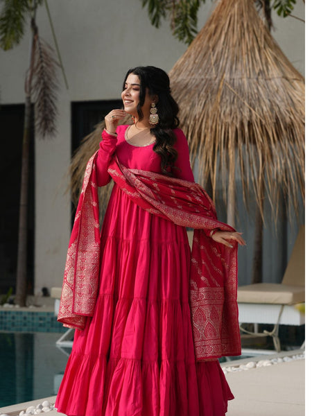 Premium Quality  Roman Silk Gown Anarkali Suit Set