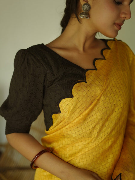 Yellow Color Gadhawal Chex Material & Arca Work Saree