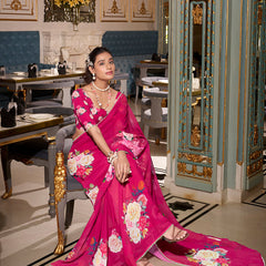 Pink Color Printed With Peral Lace Border Georgette Trending Saree