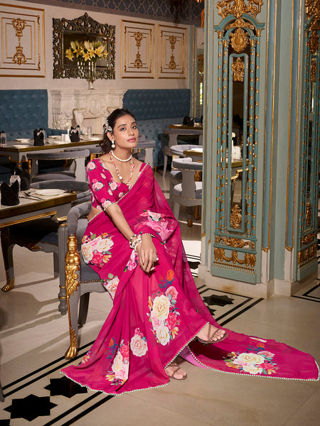 Pink Color Printed With Peral Lace Border Georgette Trending Saree