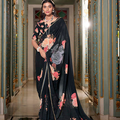 Black Color Printed With Peral Lace Border Georgette Saree