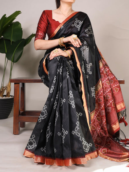 Black Color Printed With Zari Weaving Work Jacquard Silk Saree