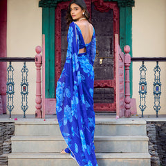 Blue Color Floral Printed Pearl Lace Border Chiffon Saree