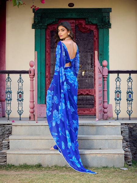 Blue Color Floral Printed Pearl Lace Border Chiffon Saree