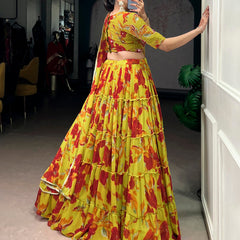 Olive Yellow Color Floral Printed Marbel Chaniya Choli