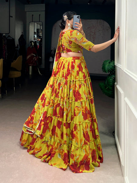 Olive Yellow Color Floral Printed Marbel Chaniya Choli