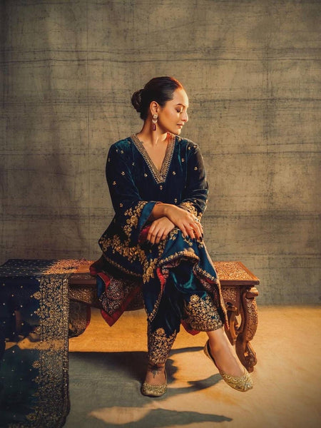 Sonakshi's nine thousand Velvet Royal Elegant Suit Set