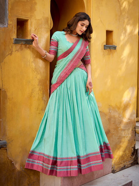 Premium Quality Heavy Sky Blue Color Thread Work With Chanderi Lehenga