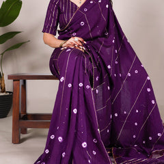 Purple Color Sequins With Zari Line Viscose Chanderi Saree
