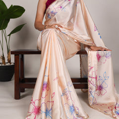 Cream Color Floral Print With Peral Lace Border Satin Silk Trading Saree