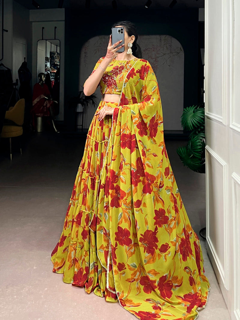 Olive Yellow Color Floral Printed Marbel Chaniya Choli
