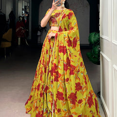 Olive Yellow Color Floral Printed Marbel Chaniya Choli