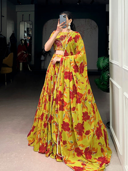 Olive Yellow Color Floral Printed Marbel Chaniya Choli