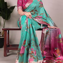 Green Color Tussar Silk With Viscos Border Floral Printed Saree