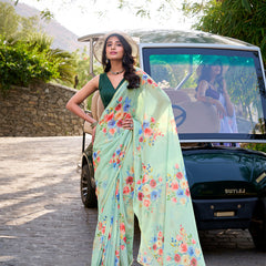 Pista Color Floral Printed And Pearl Lace Border Weightless Marbal Saree