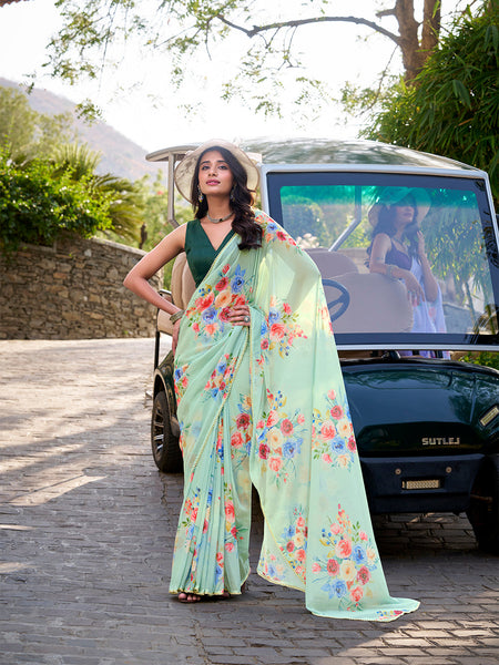 Pista Color Floral Printed And Pearl Lace Border Weightless Marbal Saree