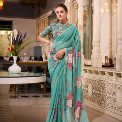 Green Color Printed With Pearl Lace Border Georgette Saree