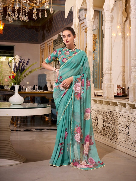 Green Color Printed With Pearl Lace Border Georgette Saree