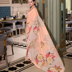 Peach Color Printed With Pearl Lace Border Georgette Saree