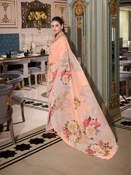 Peach Color Printed With Pearl Lace Border Georgette Saree