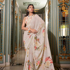 Off White Color Printed With Pearl Lace Border Georgette Saree