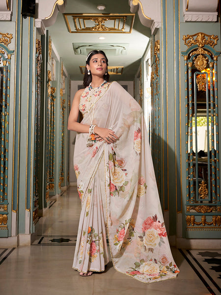 Off White Color Printed With Pearl Lace Border Georgette Saree