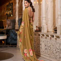 Brown Color Printed With Peral Lace Border Georgette Saree