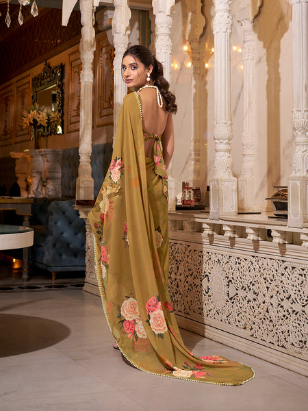 Brown Color Printed With Peral Lace Border Georgette Saree