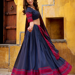 Navy Blue Color Thread Work With Chanderi Lehenga