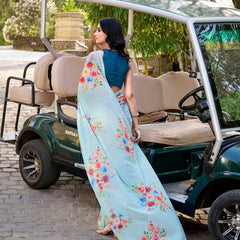 Sky Blue Color Floral Printed And Pearl Lace Border Weightless Marbal Saree