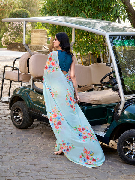 Sky Blue Color Floral Printed And Pearl Lace Border Weightless Marbal Saree