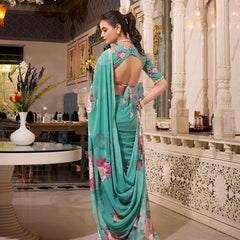 Green Color Printed With Pearl Lace Border Georgette Saree