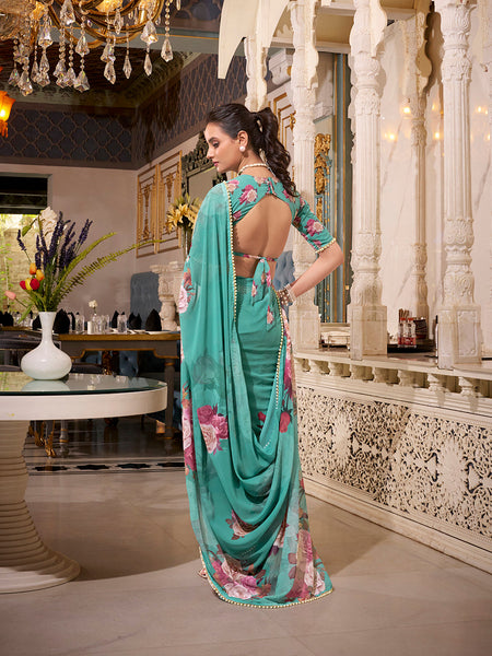 Green Color Printed With Pearl Lace Border Georgette Saree