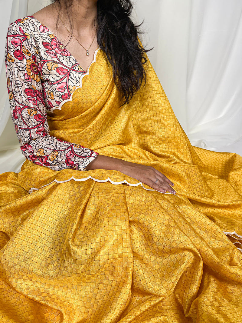 Yellow Color Arca Work Gadhawal Chex Women Wear Saree